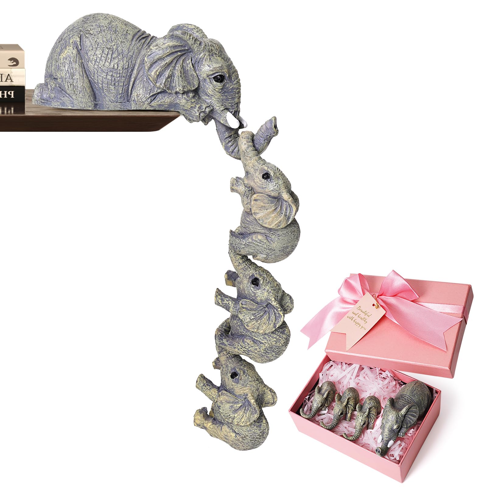 TBOLINE Gifts for Mom-Elephant Decor Figurines,Elephant Sitter Mothers Hanging Babies Statue Hanging Off The Edge Collections Figurines for Mother Feets Day (4PCS+Gift Box)