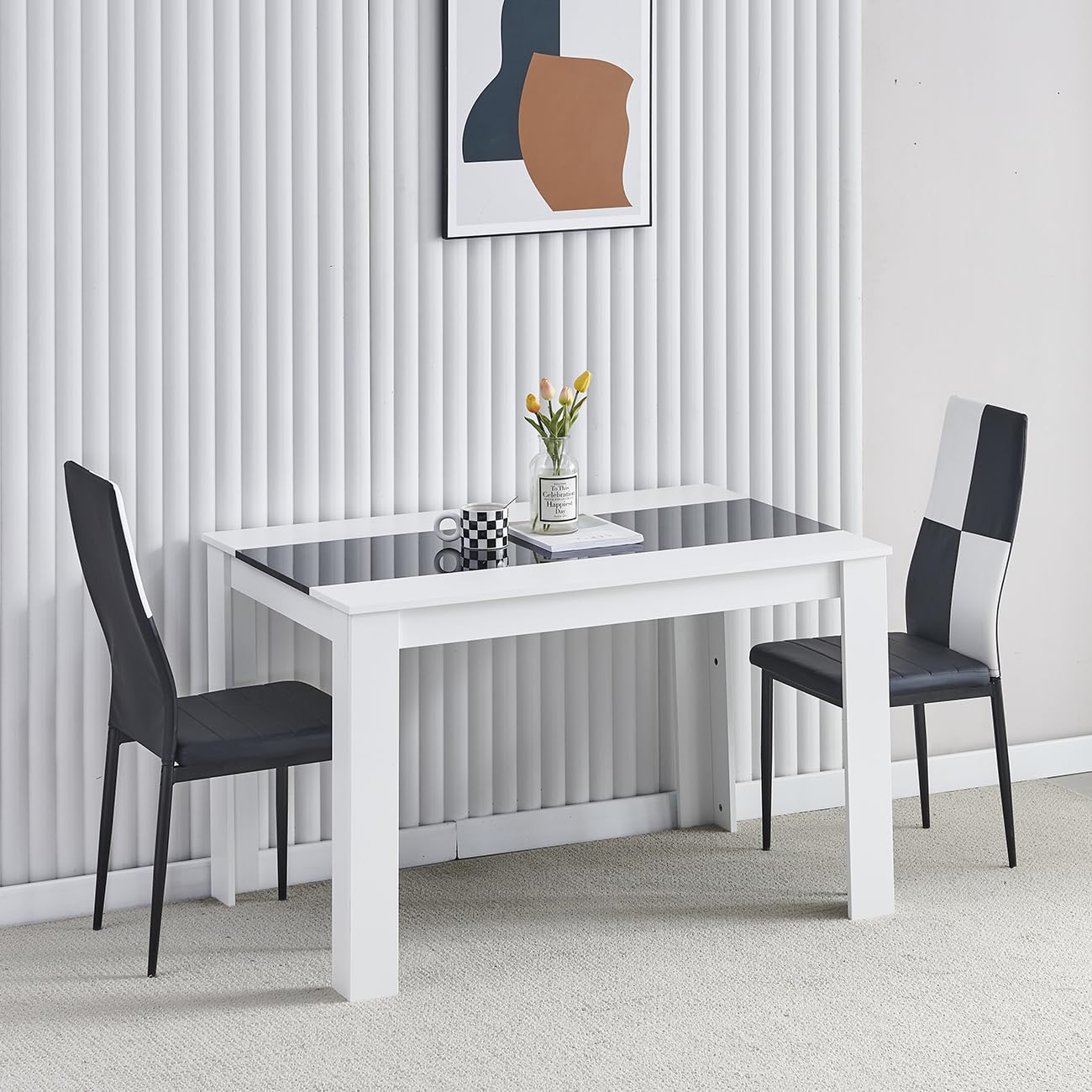 Homullel 120 cm Dining Table and 2 Chairs, 2 Seater Table and Chairs Set, Kitchen Dining Room Set for 2, Compact, Space Saving (Faux Leather White-Black Checker, 120cm, 2 Seats) โ image 1