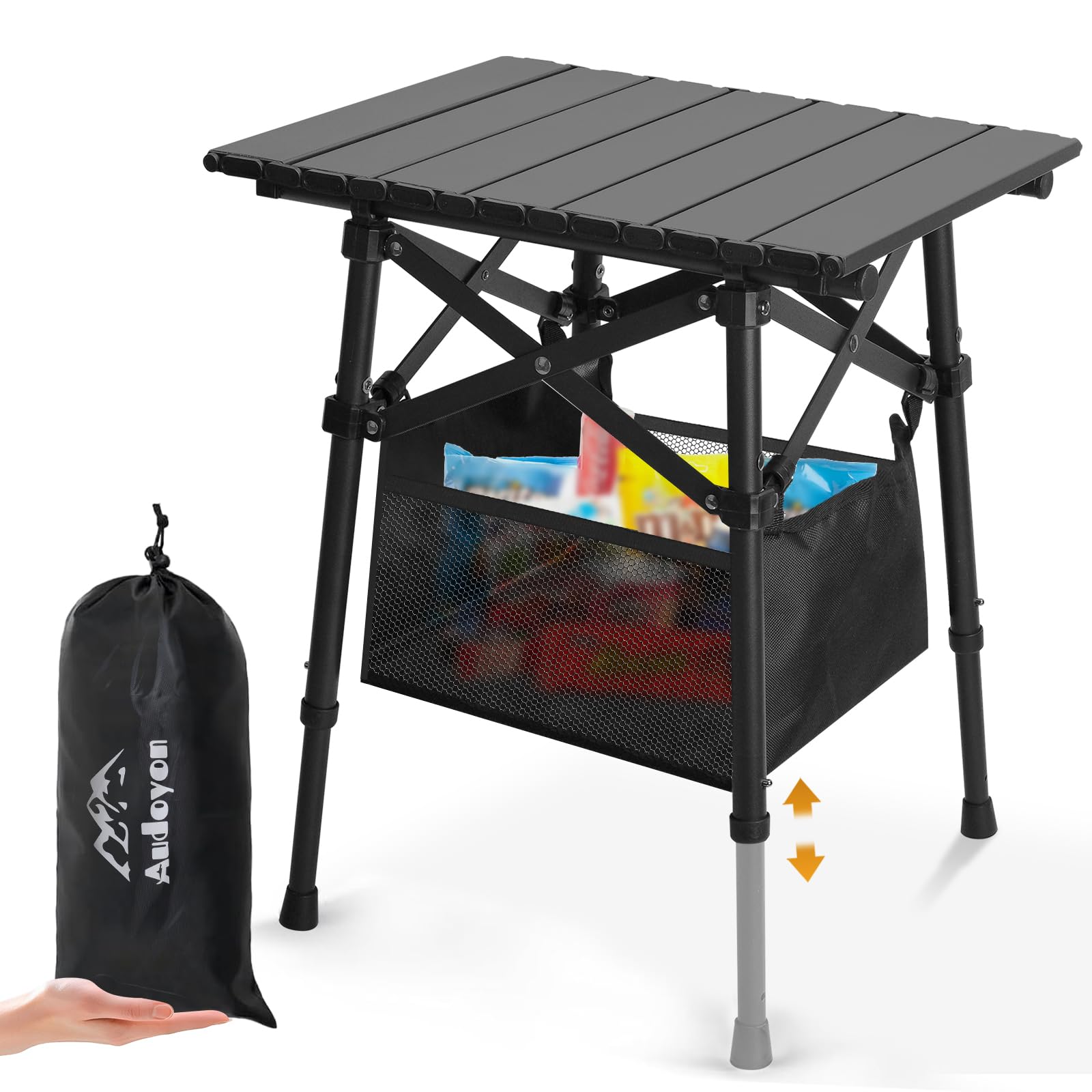 Audoyon Folding Camping Table - Small Outdoor Table with Storage Bag - Adjustable Height 14.2'' & 18.9'', Portable Lightweight Aluminum Foldable Side