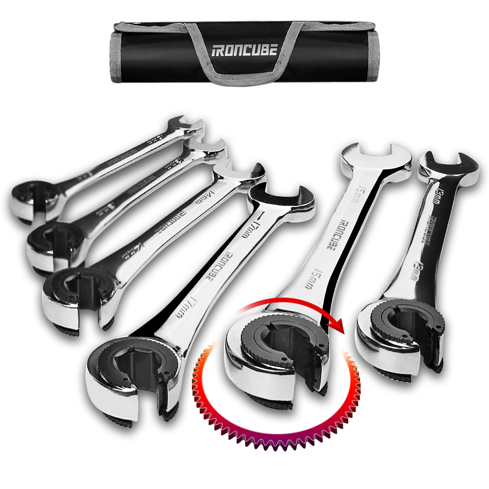 Brake Line Wrench Set: Metric 10-17mm - Ratcheting Open-end for Nuts on Fuel, Brake or Air Conditioning Lines
