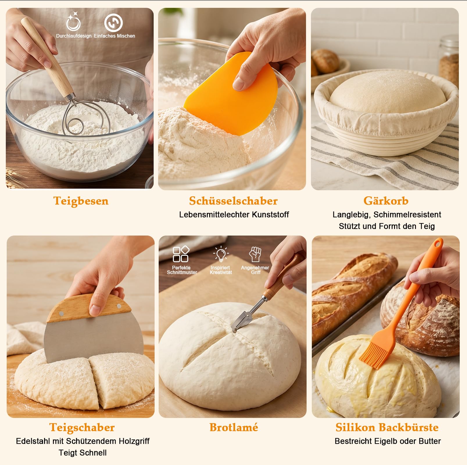 Juego de iniciación para hornear pan de ratán indonesio | kit de iniciación para hornear pan con ribete, raspador de masa, batidor danés y vidrio de almacenamiento, juego completo