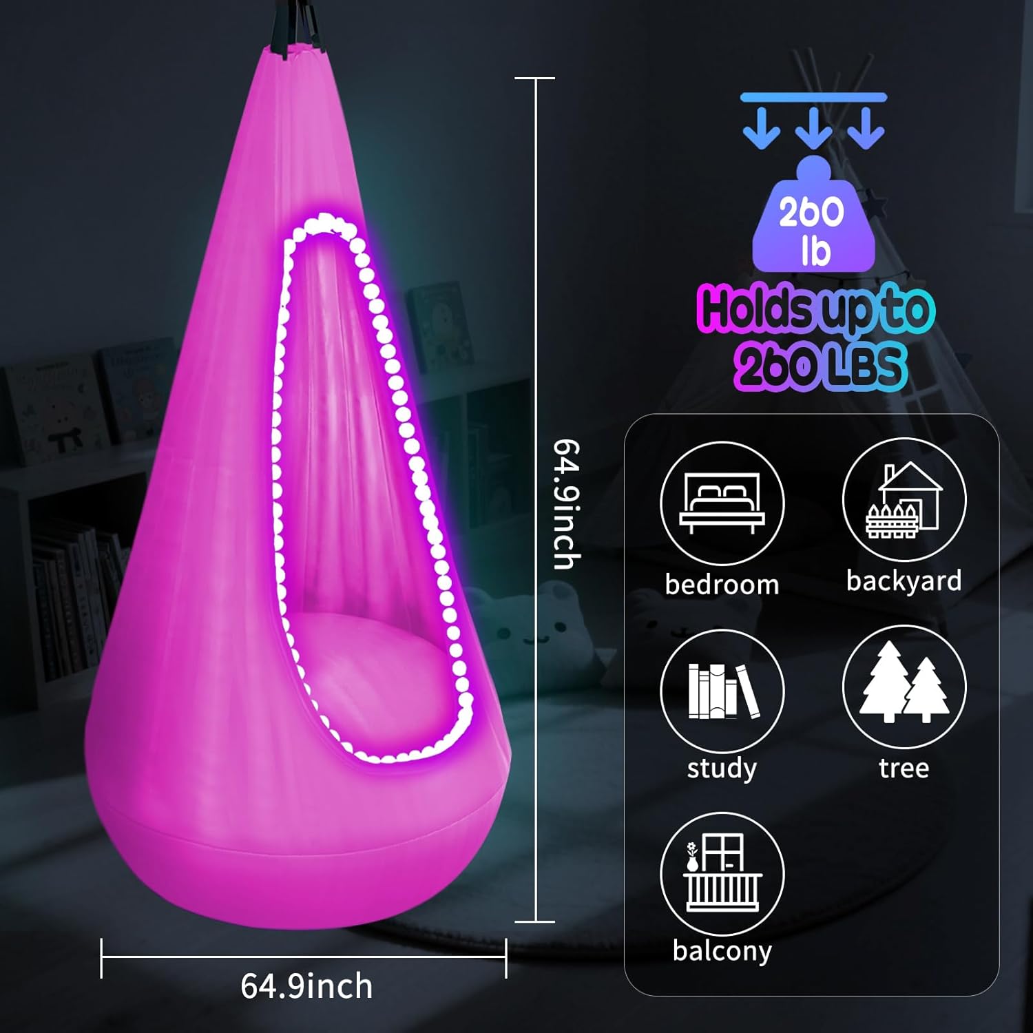 Light Up Kids Pod Swing Seat, Upgraded Sensory Pod Swings Hanging Hammock Swing Chair, Max 260Lbs Sensory Swings for Kids with USB LED Lights Indoor & Outdoor Halloween