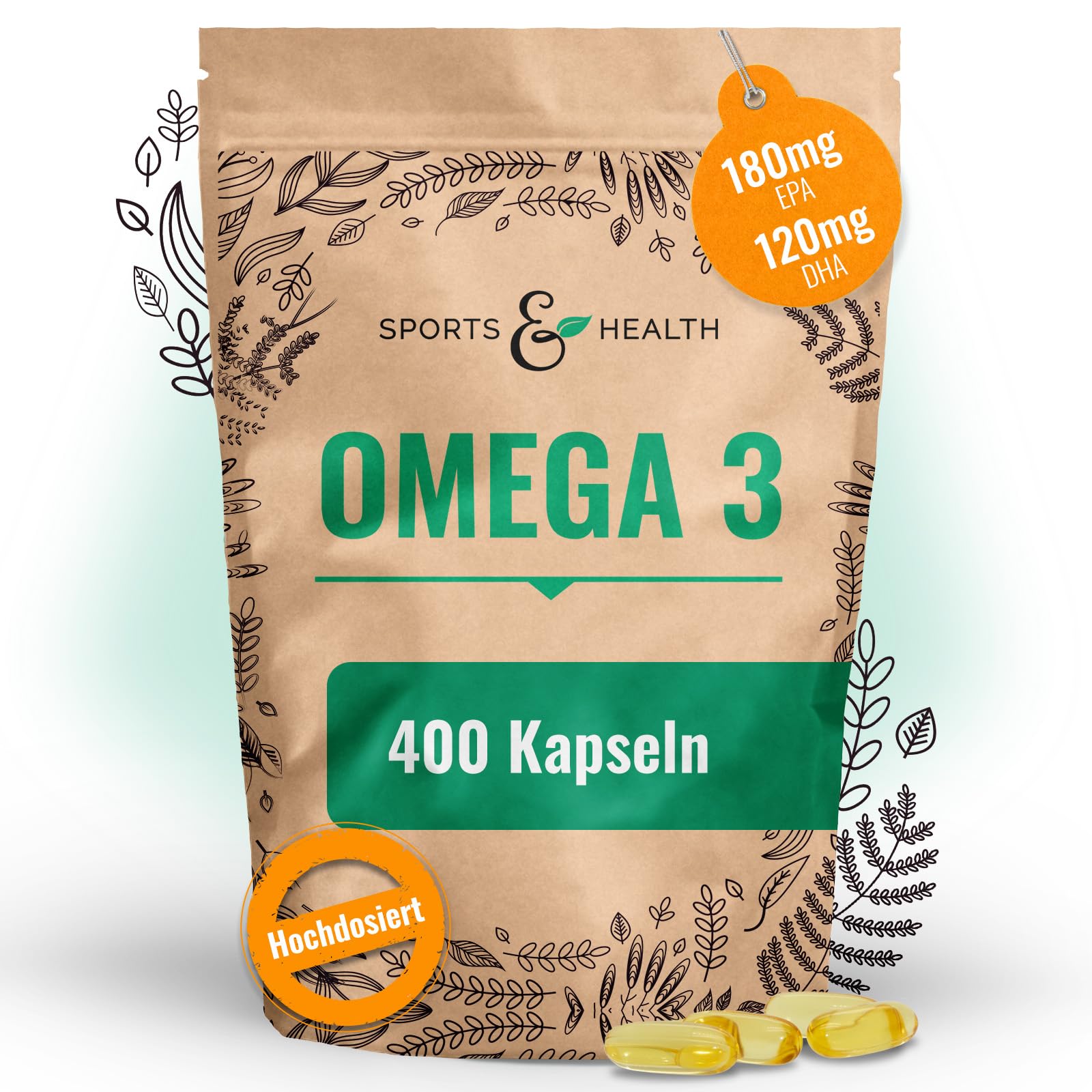 Omega 3 Kapseln Hochdosiert – 400 Fischöl Kapseln Hochdosiert - Reines Omega 3 Öl Aus Nachhaltigem Fischfang – 1000mg Fischöl und 350mg Omega3 Fettsäuren Pro Kapsel – Mit Omega 3 Triglyceride EPA DHA