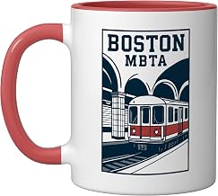 Boston MBTA Subway Retro Train City Transit Artwork Ceramic Mug, Red/White