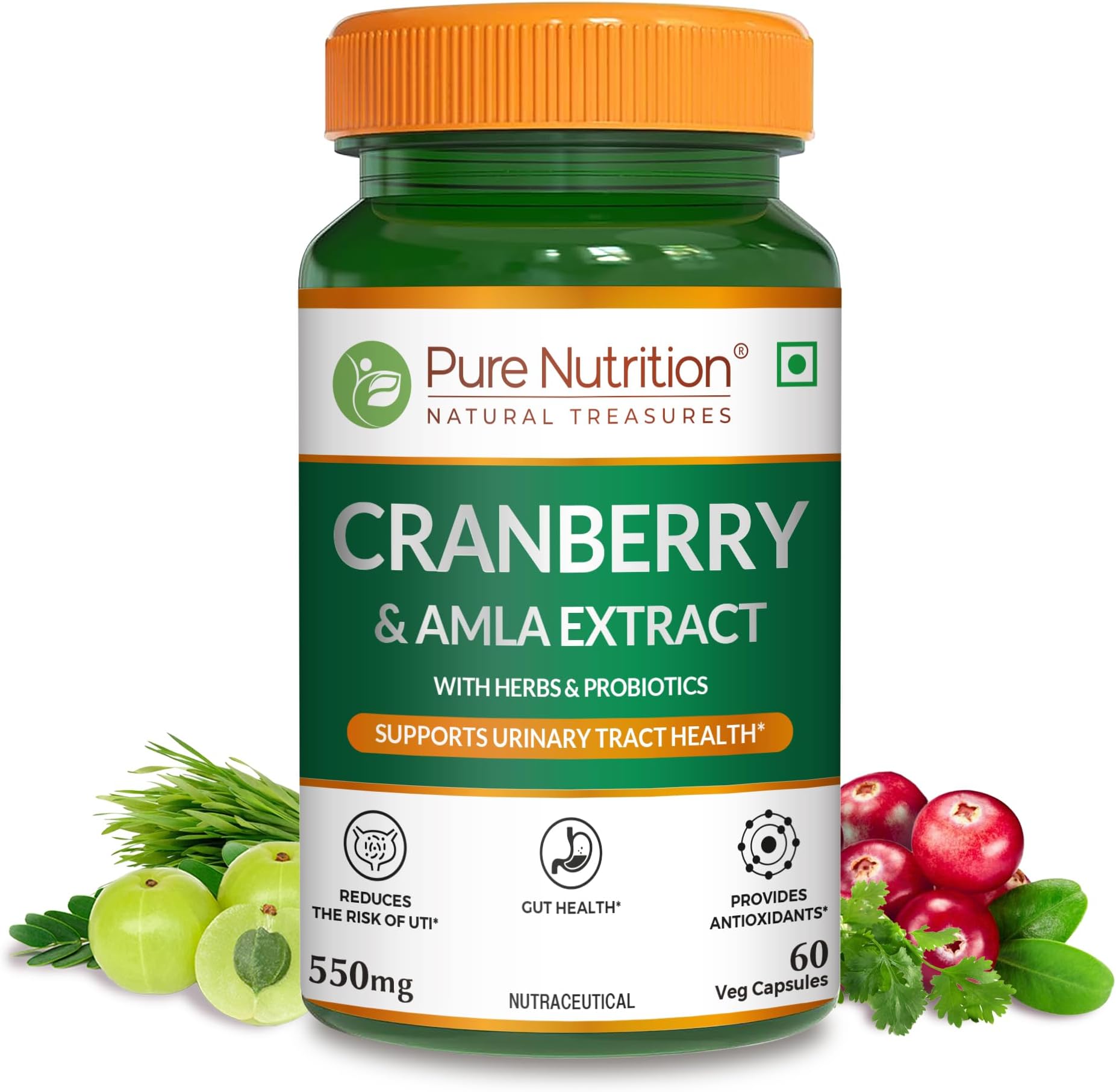 Pure Nutrition Cranberry Plus 620mg | with Goodness of Cranberry extracts, Gooseberry Extracts, Vitamin C, Vitamin D and Probiotics. 60 Veg Capsules