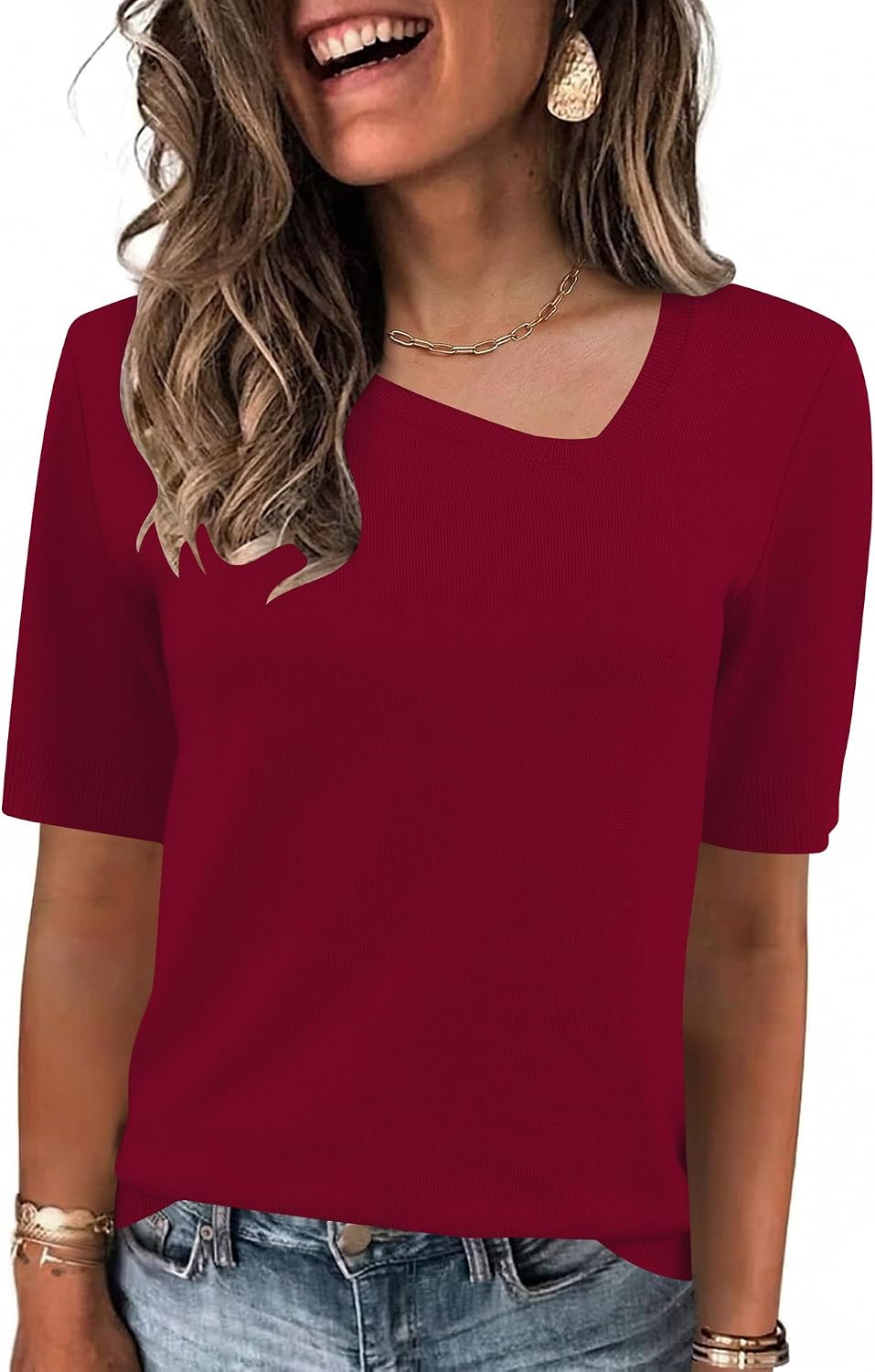 Rapbin Womens Short Sleeve Sweater Asymmetrical Neck Dressy Casual Fashion Summer Pullover Tops Sweater Blouse 2026