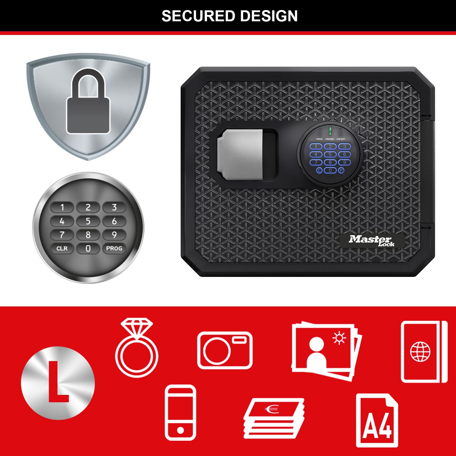 Master Lock z Certyfikatem Ognioodporności i Wodoodporności, 23 l, 417 x 348 x 478 mm, Szyfr Cyfrowy z Podświetlaną Klawiaturą