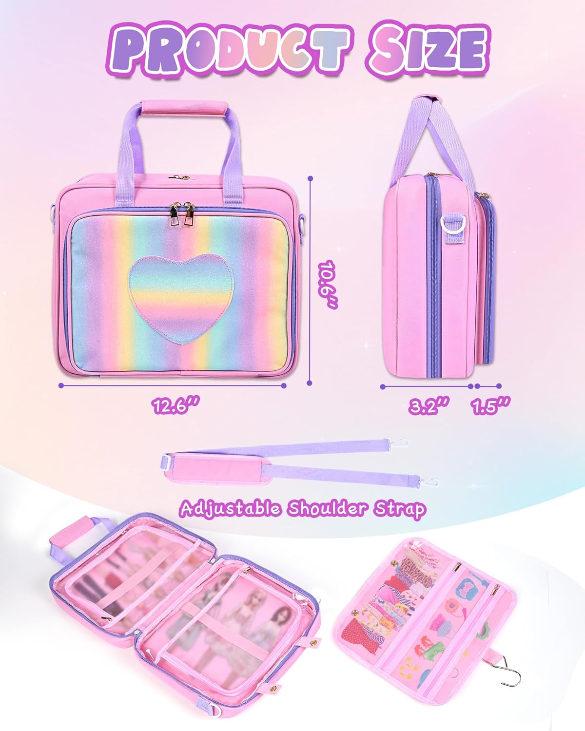 Doll Carrying Case Compatible with Barbie 10–12 Inch Dolls, Large Capacity Doll Storage Organizer Bag with Compartments for Mini Dolls, Clothes and Accessories, Pink (Bag Only)