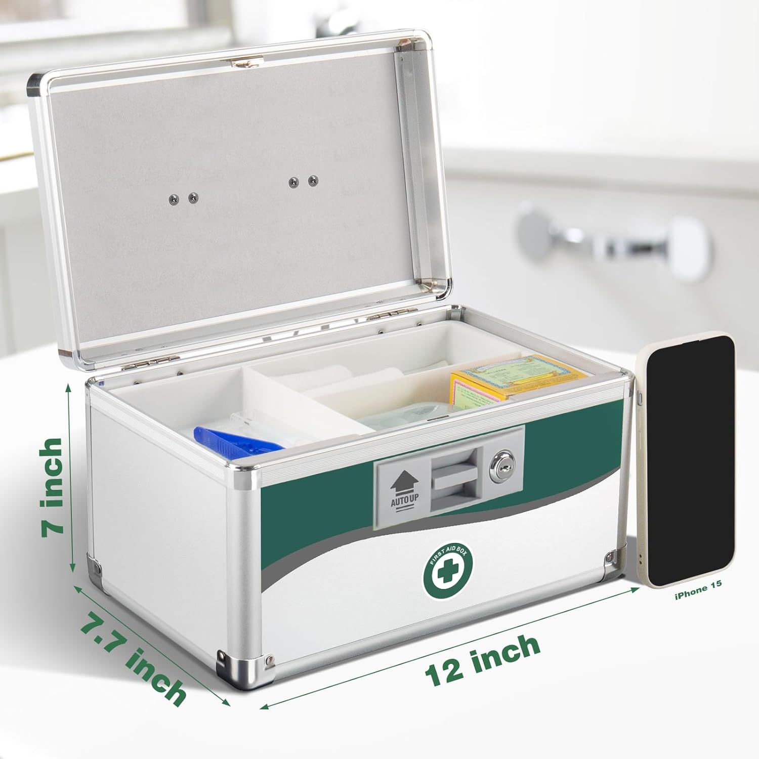 Medicine Lock Box, First Aid Safe Medication Storage Box, Layered Aluminum Daily Medicine Lockable Box with Key (Medium-11.9inch)