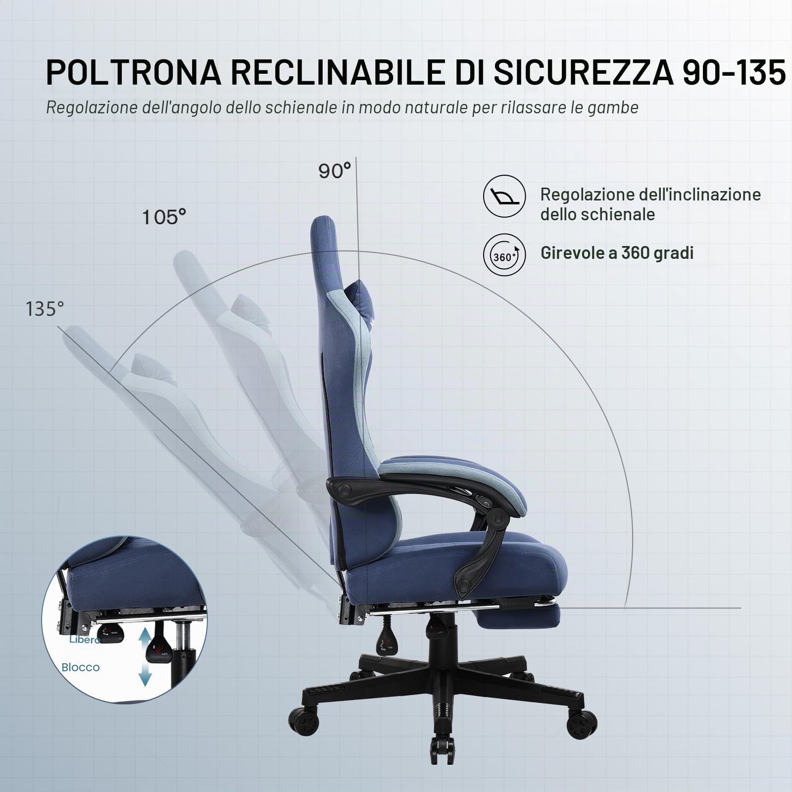 GTPLAYER sedia gaming ergonomica sedia da gaming tessuto traspirante schienale alto con cuscino imbottito a molle, poggiatesta e supporto lombare per giochi di studio e lavoro blu navy