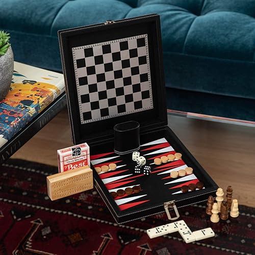 Miniatura 3 de Bey-Berk Juego múltiple de cuero negro con costuras en contraste. Incluye ajedrez y backgammon con piezas de juego boscosas y taza de dados, juego