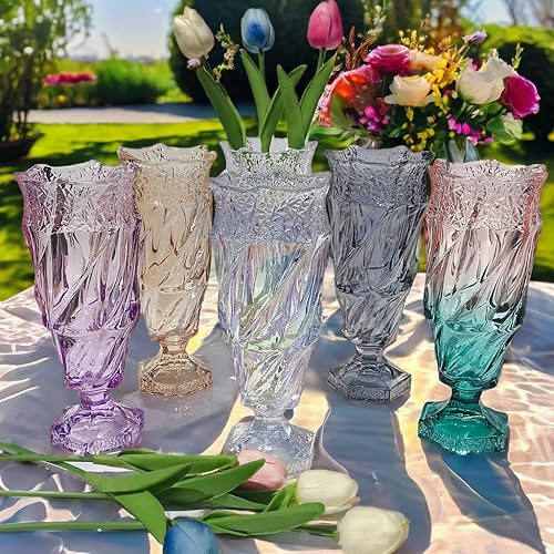 Miniatura 6 de Florero de cristal de 2.4 libras 9.5 pulgadas, estilo bohemio, para centros de mesa, boda, decoración del hogar florero de cristal (morado y rosa)