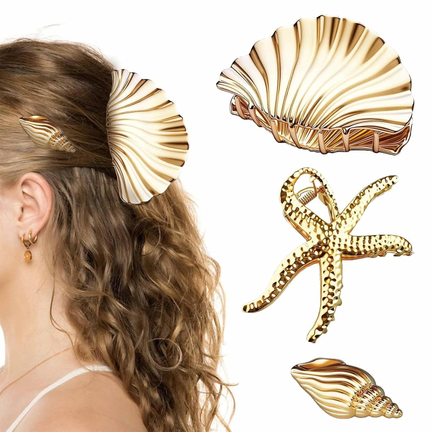 3Pcs Large Starfish Hair Claw Clips Gold Large Seashell Hair Accessories for Women Beach Wedding Summer Vacation Boho Hair Clamps