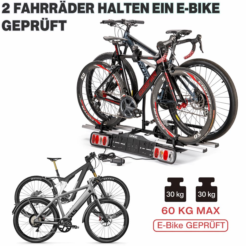 Fahrradträger für Anhängerkupplung 2 Fahrräder e-Bike 60kg,Auto Fahrradträger Anhängerkupplung mit Rücklicht und Kennzeichenhalter, Abschließbar,Kupplungsträger für Ebike (Fahrradträger)
