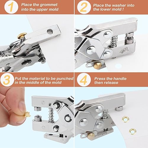 Miniatura 6 de Rongon Perforadora de agujeros resistente, kit de herramientas con ojales, juego de alicates con 100 ojales de metal, kit de prensa manual para