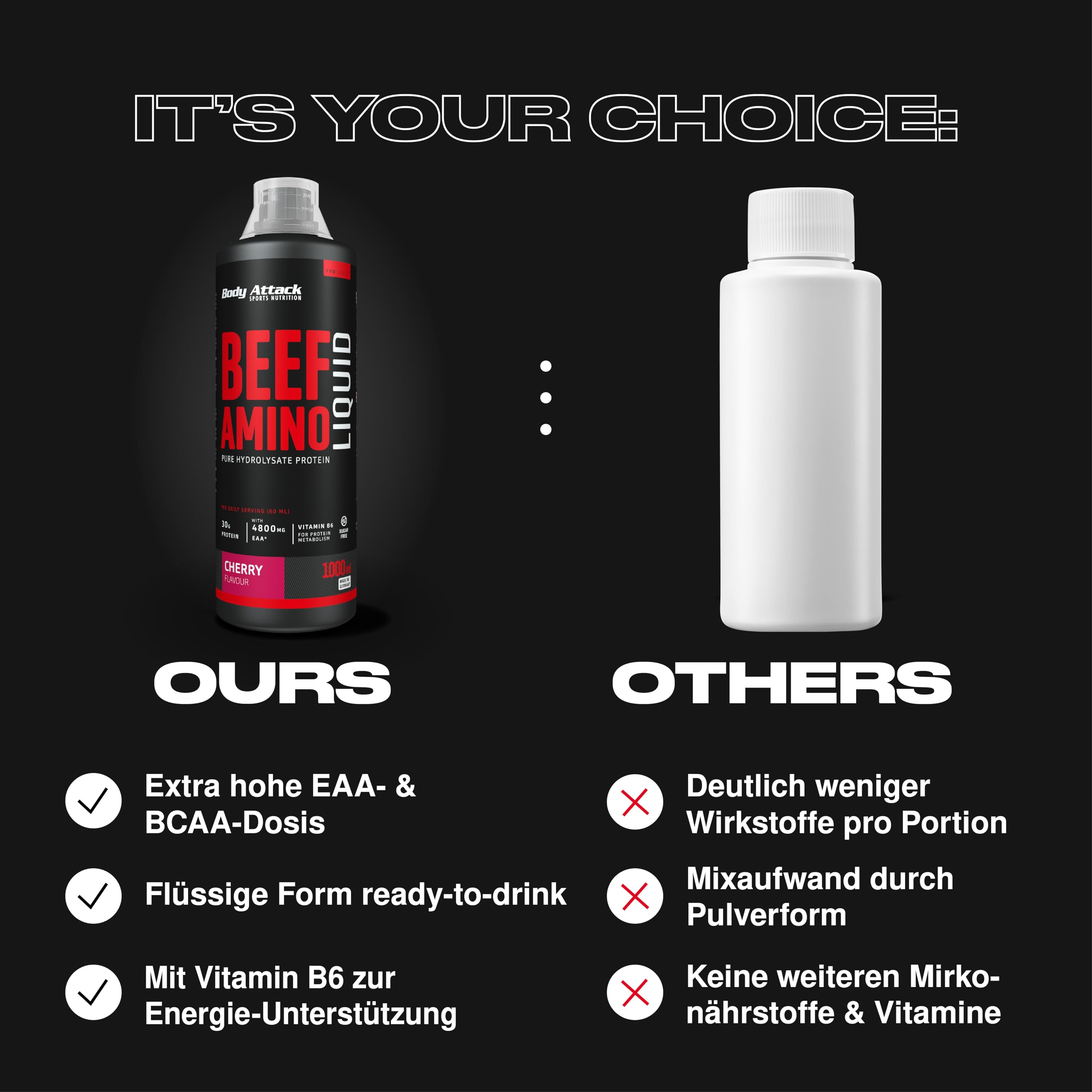 Body Attack Beef Amino Liquid, Kirsche, 1er Pack (1x 1000ml)