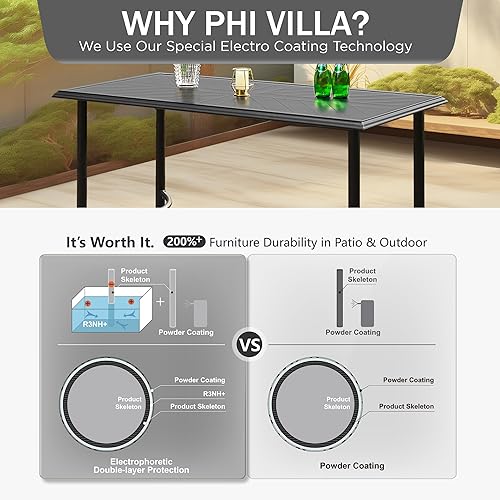 Miniatura 6 de PHI VILLA Mesa de bar de patio al aire libre para 4-6, mesa rectangular de barra de altura de mostrador con marco de acero de metal para todo tipo