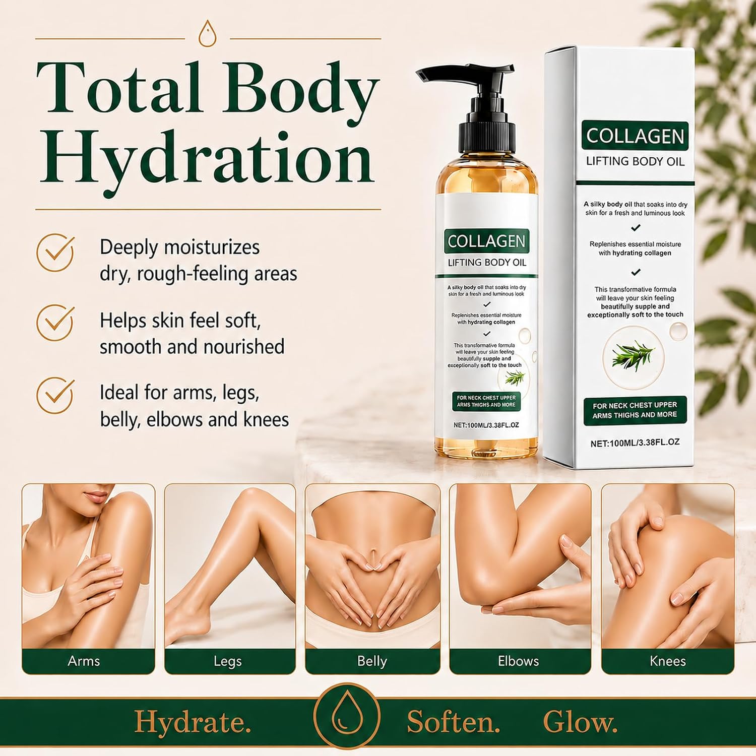 Collagen Lifting Body Oil for Skin Tightening, Post Shower Hydrating & Moisturizing Collagen Oil for Women & Men, Softens Crepey Skin, All Skin Types, 3.38 Fl Oz