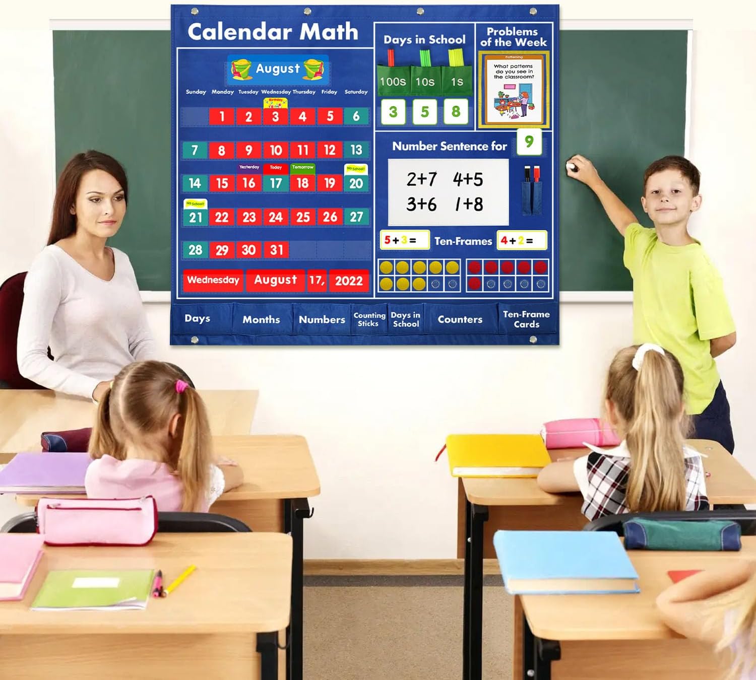 Circle Time Learning Center Classroom Pocket Chart Preschool, Educational Pocket Chart Teaching Materials, Learning Calendar Weather Counting Letter Color Shape (Math Classroom Pocket Chart)
