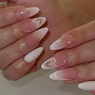 24 Stück Press-on-Nägel Mandel-Kunstnägel Herz-Design-Stücke mit Glitzer-Design Rosa Weiß vollständige Abdeckung künstliche Stücke French Medium wiederverwendbare Klebenägel