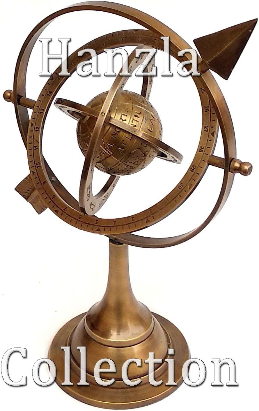 11" Antique Brass Armillary Sphere With Sundial Arrow 10.5" Nautical Maritime Engraved Globe