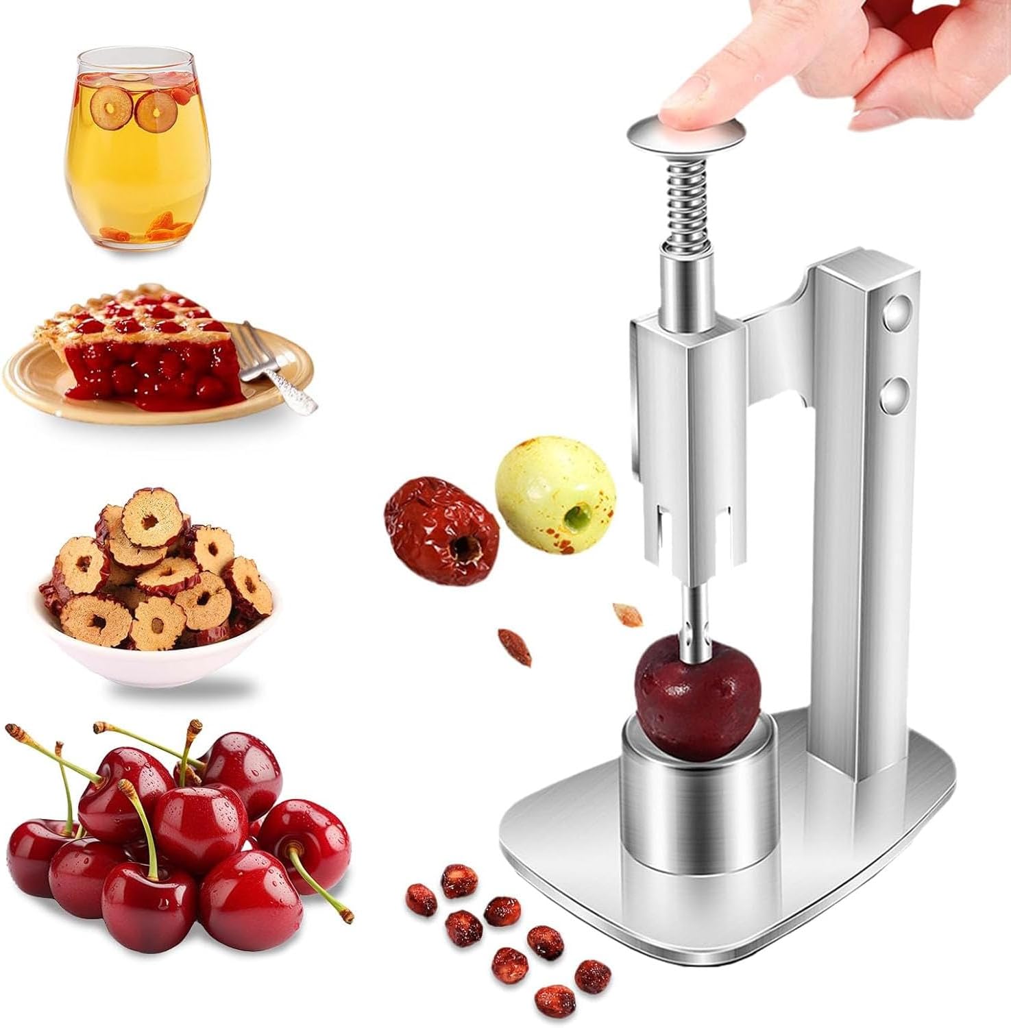 Portable Cherry Pitter,Fruit Pit Remover Press Type Kitchen Tool,Stainless Steel Pitting Device w/Base,Automatic Rebound Design for Hawthorn Cherry Jujubes