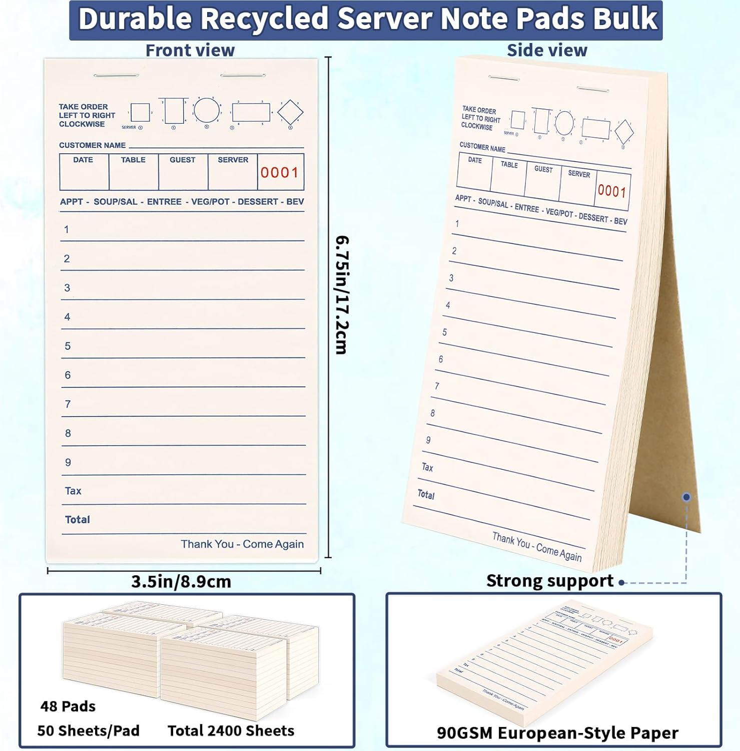 48 Pack Server Note Pads Bulk Recycled Guest Check Pads, Total 2400 Sheets 3.5 x 6.75 Inch Guest Checks Books for Servers, Blue Numbered Waitress Notepads for Restaurant Bar Cafe Hotel