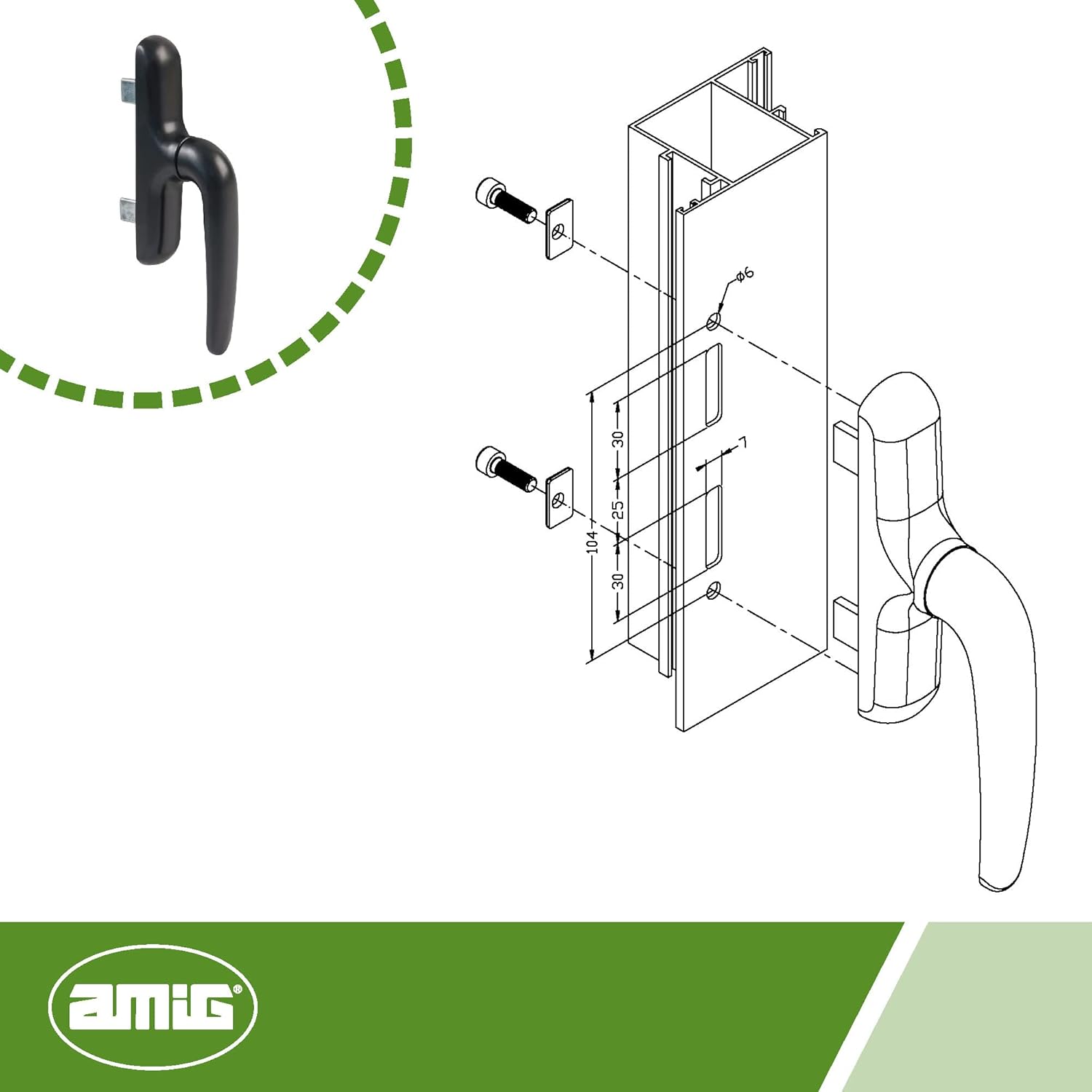 Amig - Handle for maneuverable, hinged or hinged Windows, Aluminum Base, PVC Cover, Black Color, Hidden Screw, 172 x 27 x 76.5 mm, Without Frame