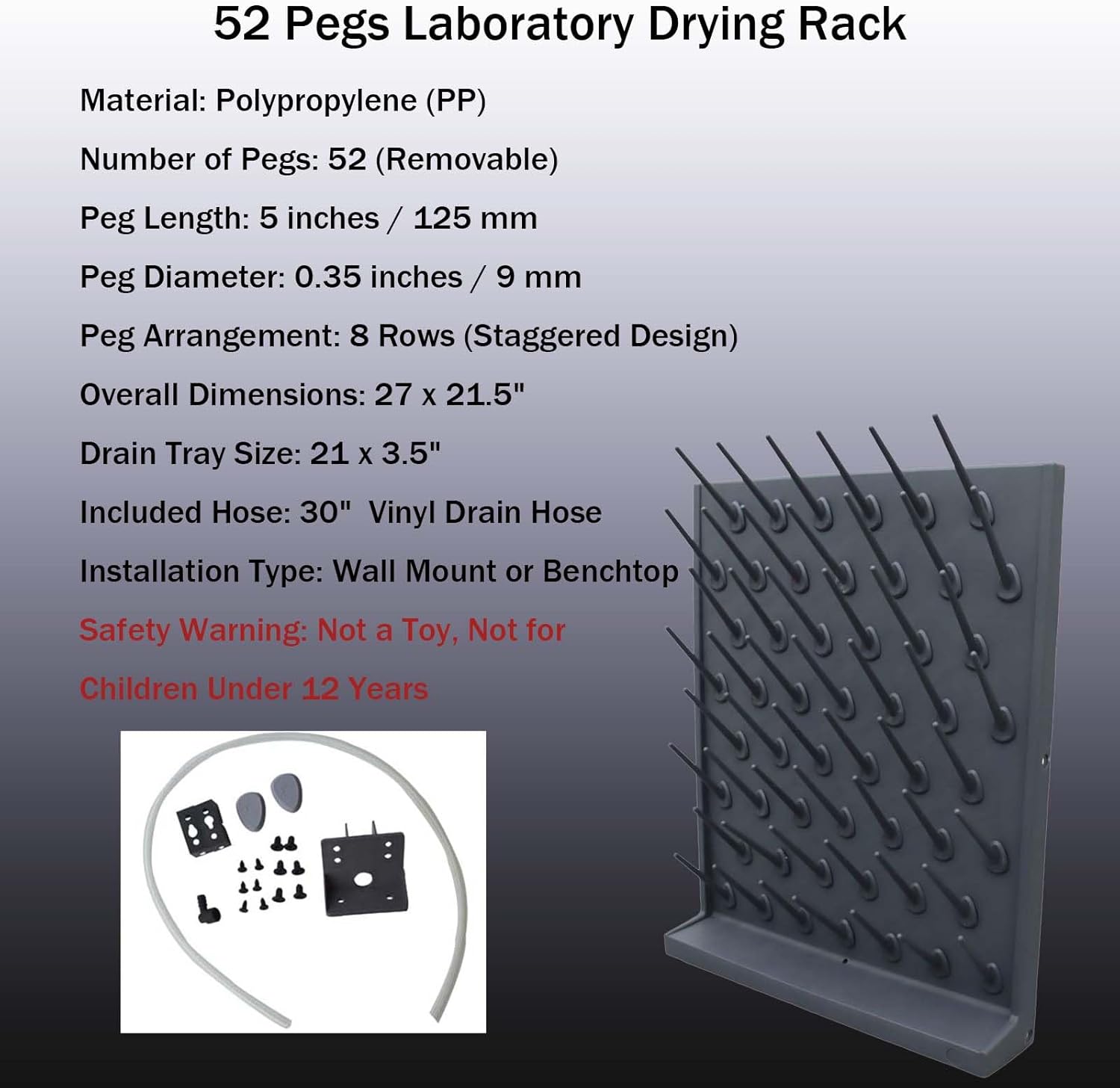 Lab Drying Rack Glassware Drying Rack with Drain Tray & Hose Laboratory Equipment Organizer for School & Science Lab 52 Pegs PP Plastic