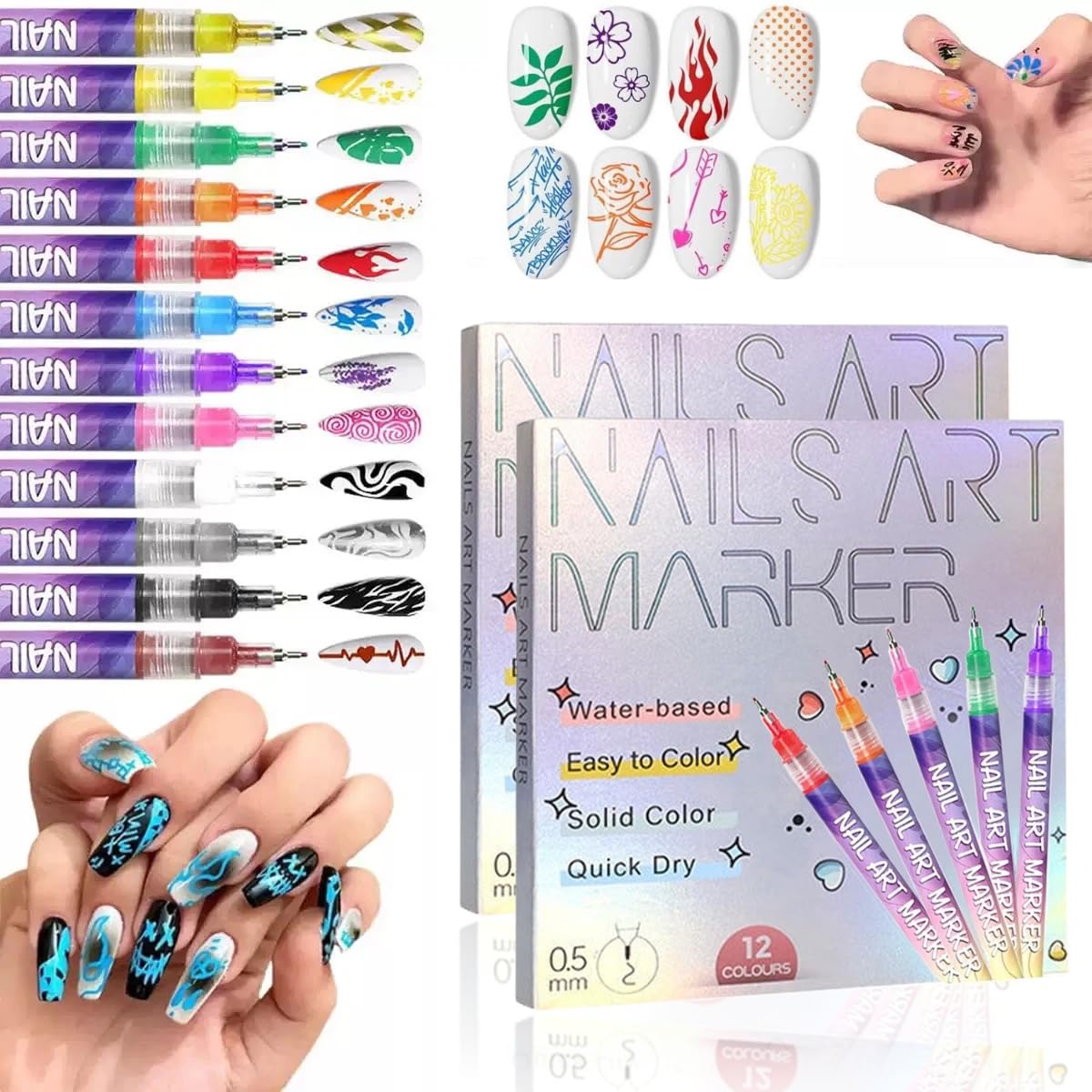 3D Nail Art Pens Set - 0.5MM Fine Tip Quick-Drying Acrylic Paint Markers, Multicolor Dotting Liner Brush for DIY Nail Design, Portable Manicure Tools for Home Salon Beginners (24 Pcs)