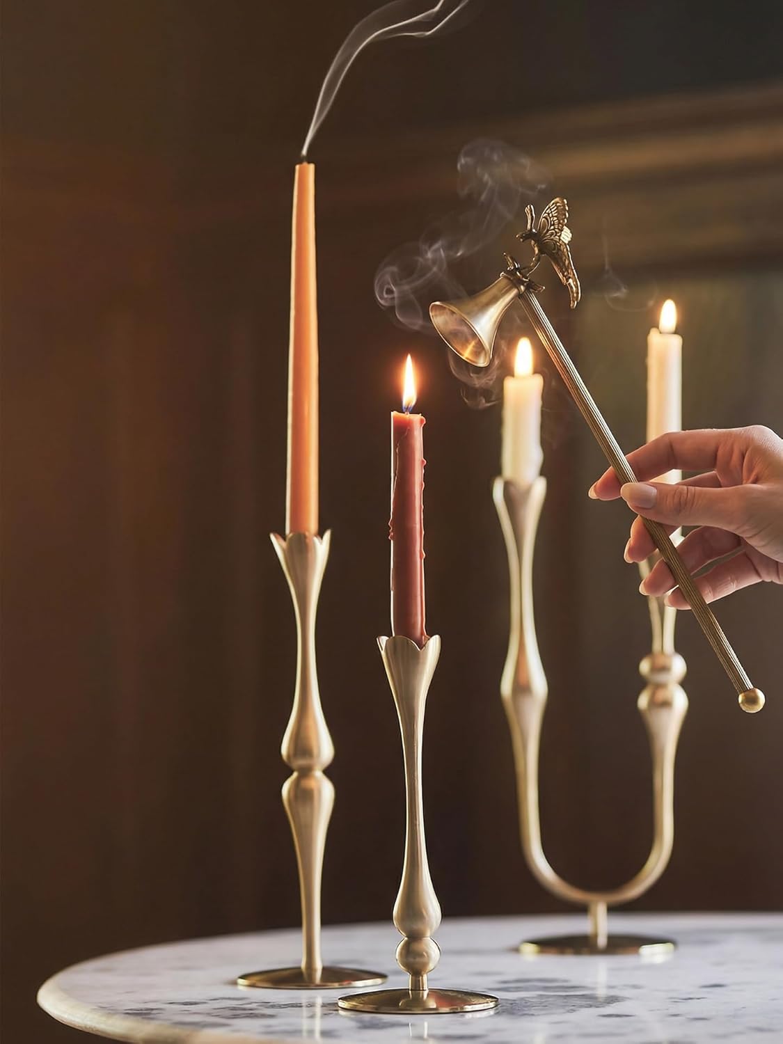Brass Gold Butterfly Candle Snuffer,12.2” Long Handle Wick Extinguisher with Decorative Vintage Design,Elegant Candle Accessory for Jar & Taper Candles
