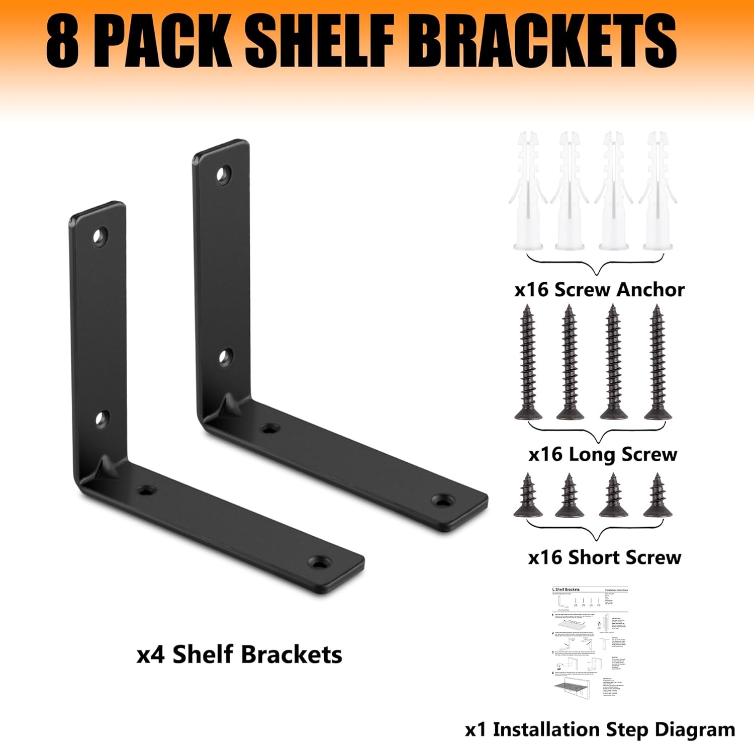 Black Steel & Aluminum Floating L Shelf Brackets, Heavy Duty 160 lb Load Capacity, 90 Angle, 6x6 Inch, 8 Pack, Wall Mount