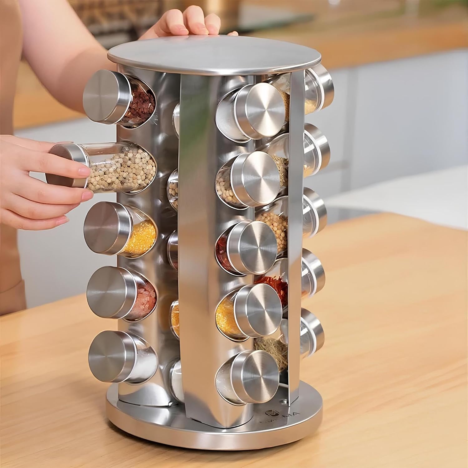 Porta Condimentos Temperos Giratório com 16 Potes de Vidro e Tampa Inox Premium – Kit Completo para Armazenar Temperos na Cozinha com Suporte Giratório Resistente e Design Funcional