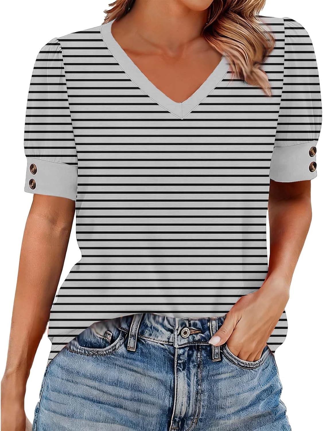 Short Sleeve V Neck T Shirts for Womens Casual Striped Loose Trendy Top Spring Summer Beach Vacation Blouse Clothes