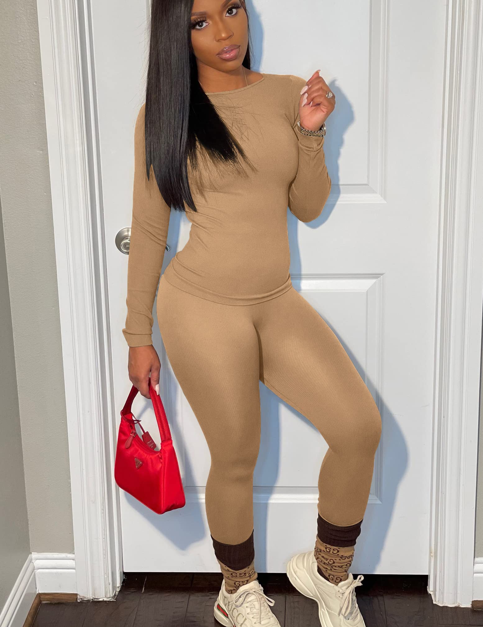 BORIFLORS Damskie 2-częściowe stroje treningowe z długim rękawem top jogger legginsy zestawy, Khaki, L
