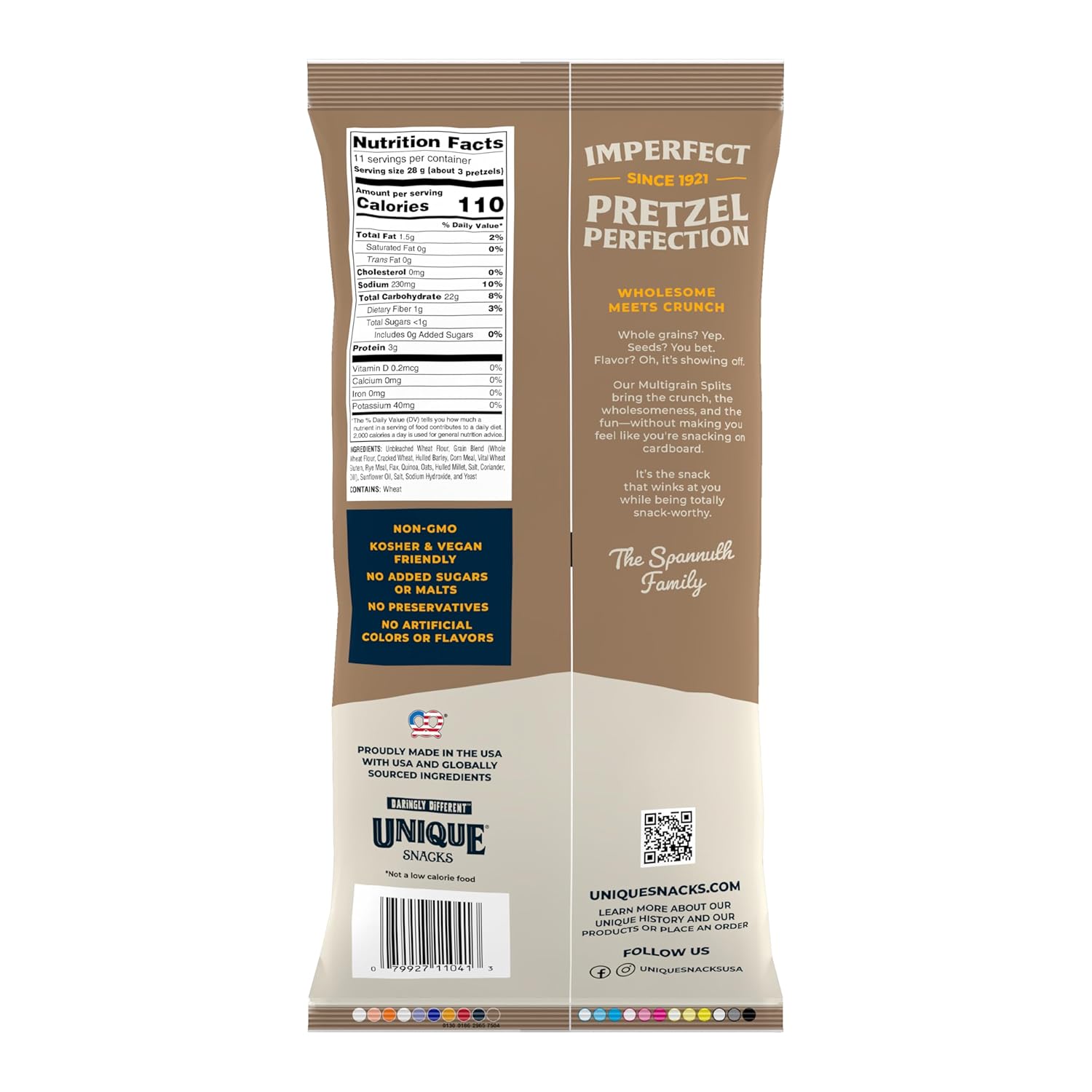 Unique Snacks Multi-Grain Splits Pretzel, Delicious Homestyle Baked Snack Bag, Vegan, OU Kosher, and Non-GMO Food, No Artificial Flavor, 11 Oz. Bag, Pack of 12