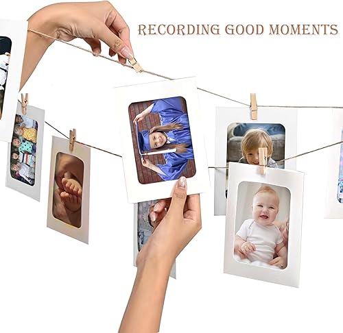 Miniatura 6 de Emfogo Decoración de pared para fotos, exhibición de fotos colgante de madera, decoración de 5 cuerdas con 30 clips, cordeles ajustables para