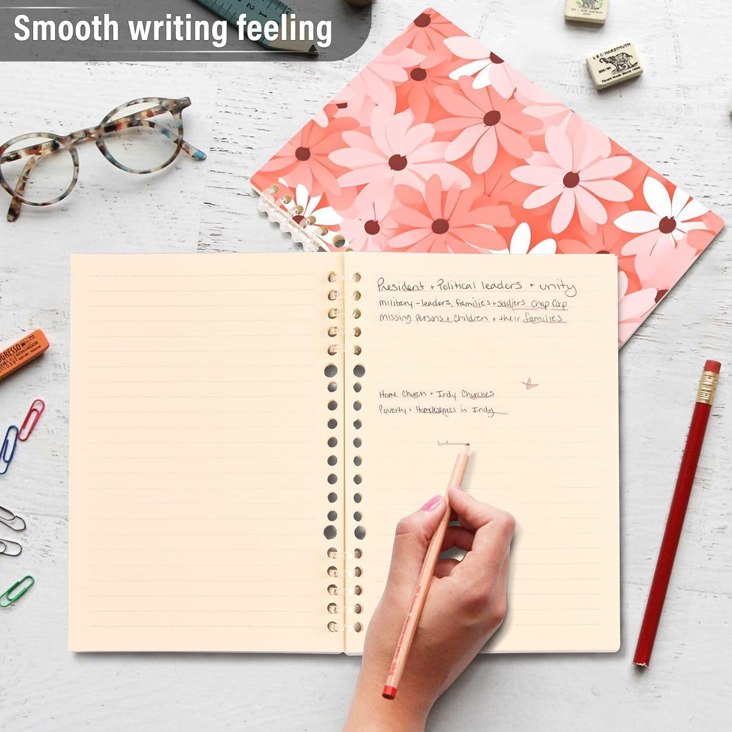 senya Spiral Notebook Ruled 2 Pcs, Pink White Flower Journals for Study and Notes 60 Pages with Durable Hardcover