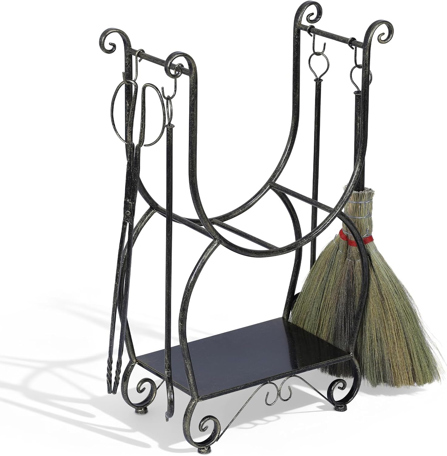 Metal Firewood Rack Set with 4 Fireplace Tools, Black Copper Log Holder with Poker, Shovel, Tongs & Brush, No Assembly Wood Storage Organizer for Indoor/Outdoor