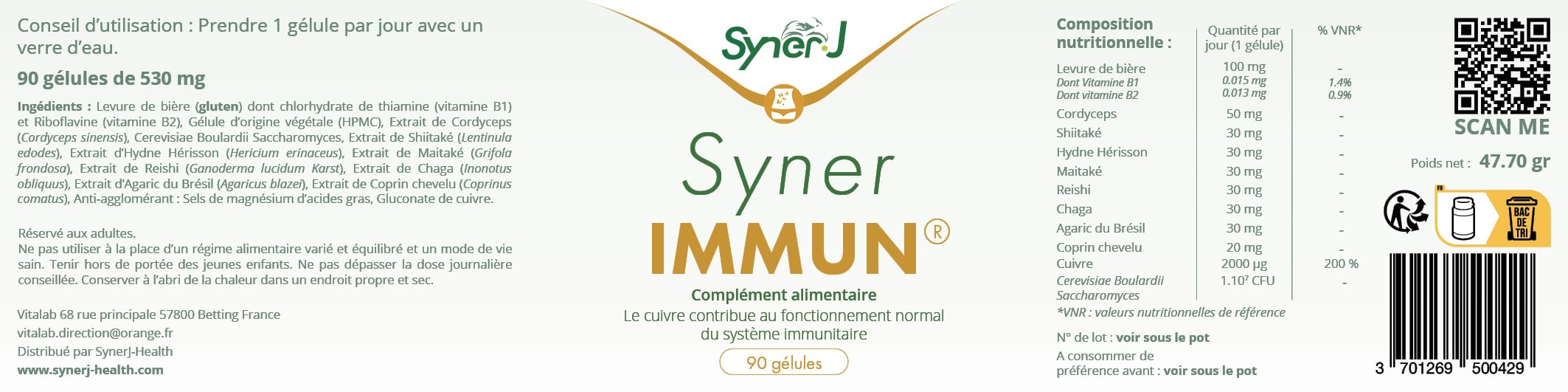 SynerIMMUN | Complexe 8 champignons + levures probiotiques + cuivre pour défenses naturelles, équilibre intestinal & vitalité | SynerJ Health (90 gélules)