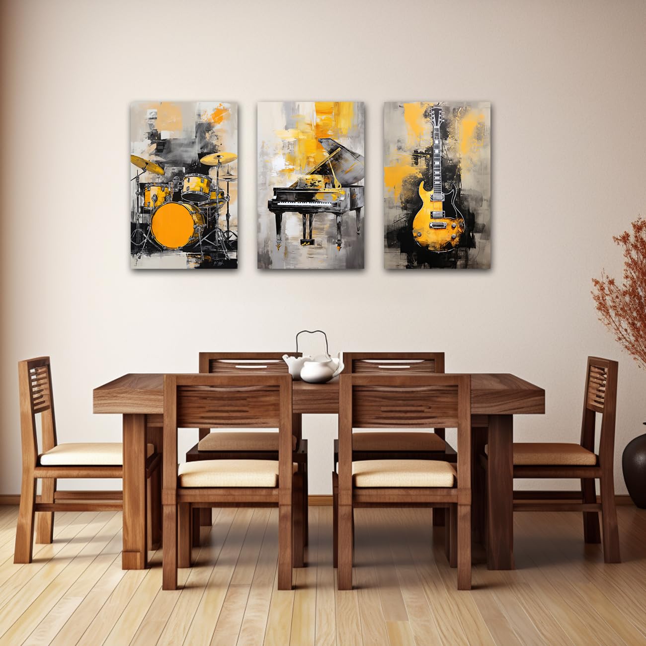 CXHOSTENT Musik Leinwand Wandbilder 3 Panel Klavier Gitarre Regal Trommel Kunstdrucke gelbe und graue Musik Poster abstrakte Musikinstrument Bilder (Music, 40.00 x 60.00 cms x 3PCS)