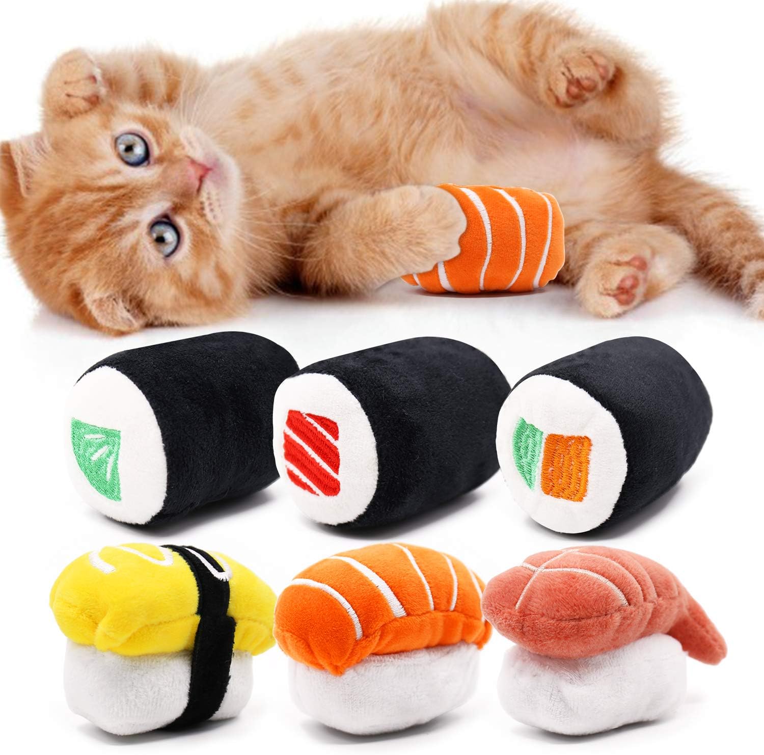 6 Pack Sushi Cat Toys with Catnip Sushi Roll Pillow Kitten Chew Bite Supplies Boredom Relief Fluffy Kitty Teeth Cleaning Chewing Cat Lovers Interactive Plush Gift