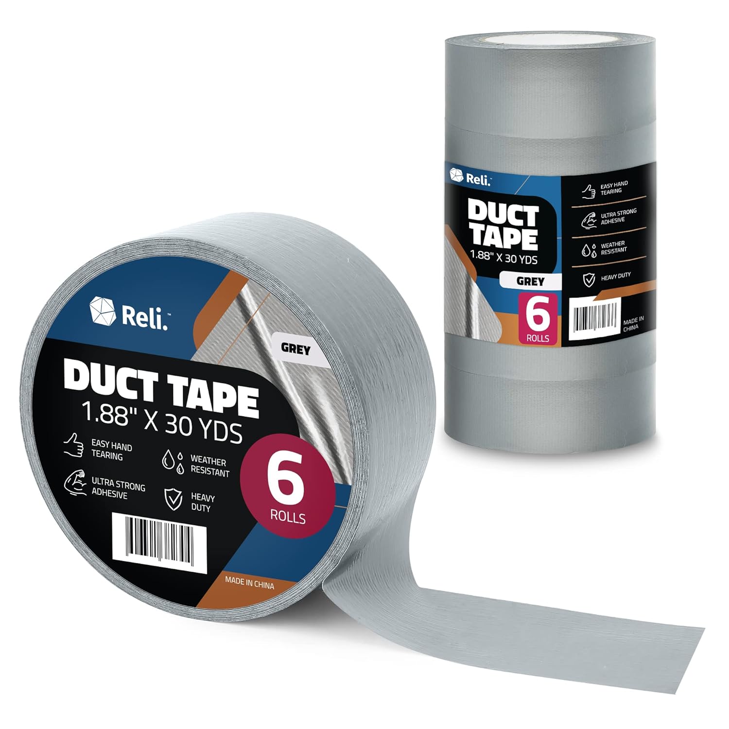 Reli. Duct Tape, Grey | 1.88" x 180 Yards Total (6 Rolls, 30 Yds Each) |Heavy Duty Duct Tape - Waterproof, Tear by Hand |Silver Duct Tape for Repairs, Construction, Bundles, Piping, Box Sealing (Grey)