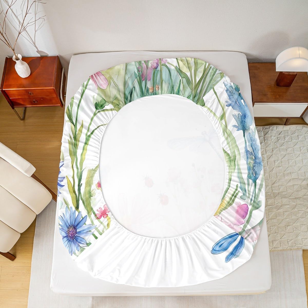 Erosebridal Teal Dragonfly Fitted Sheet Colorful Flower Bed Sheets Full Size, Navy Blue Pink Floral Sheets Red Ladybug Insect Bedding, Animal Botanical Plants Bed Set