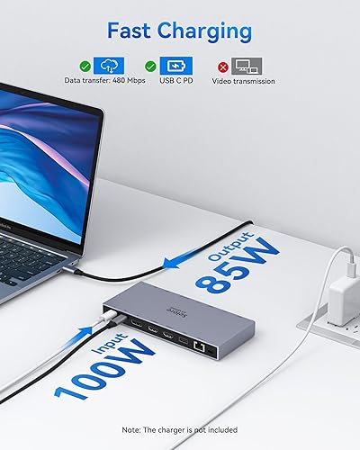 Miniatura 6 de Estación de acoplamiento HDMI dual 3 monitores, estación de acoplamiento USB C para laptop con adaptador de corriente de 65 W, 2 puertos HDMI,