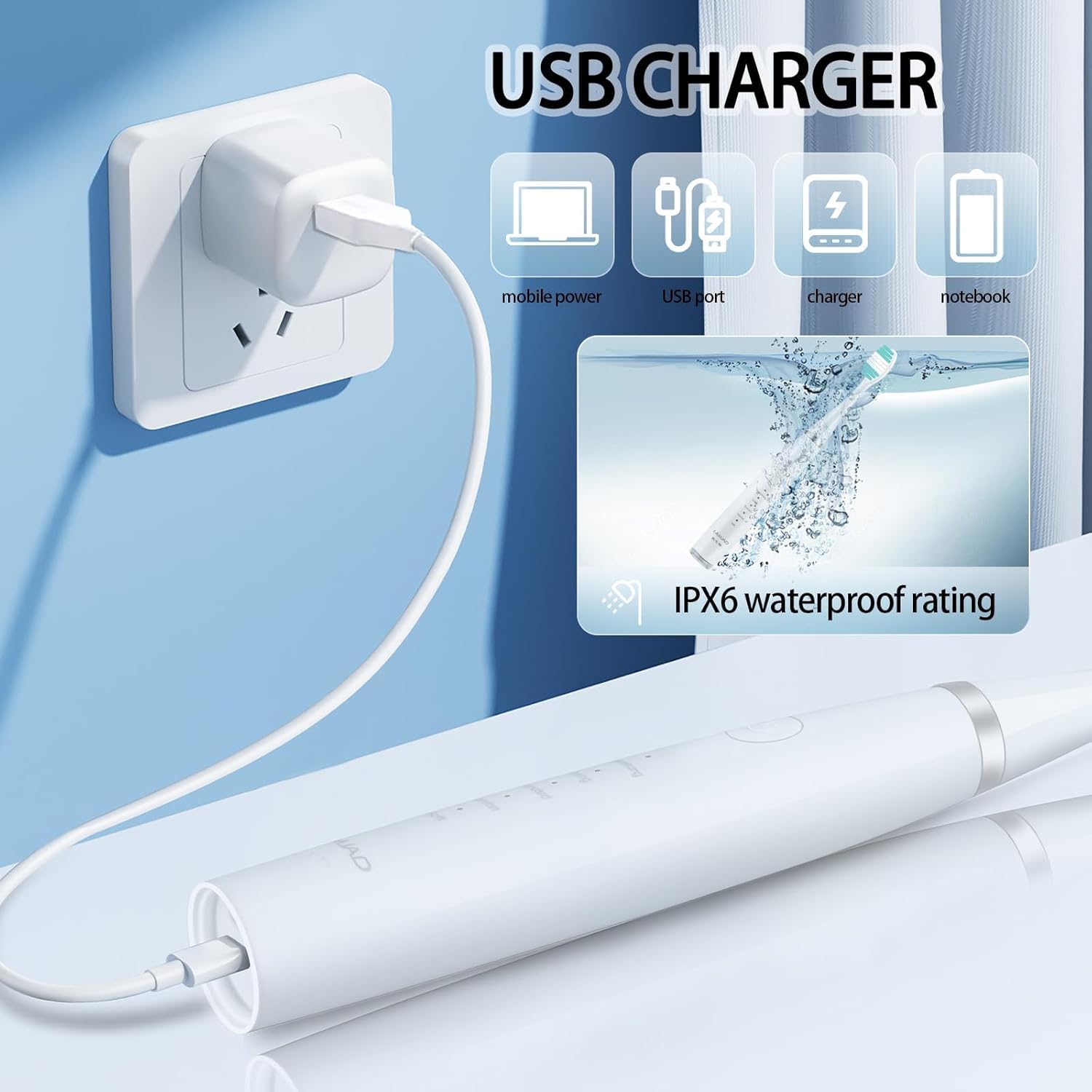 LAMJAD Electric Toothbrush connected to a USB charger, showing IPX6 waterproof rating