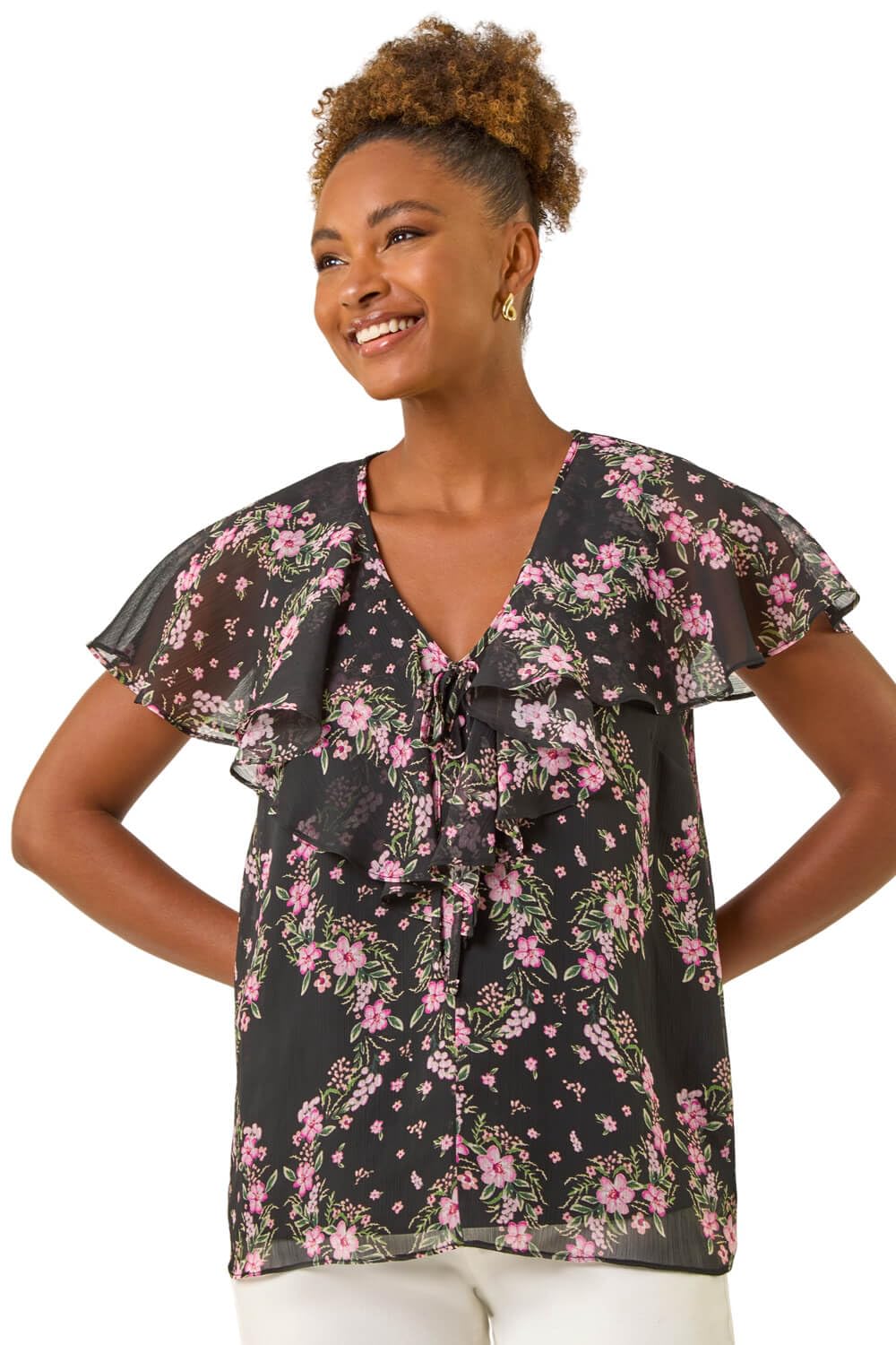 Roman Originals Snake Print Frill Neck Top for Women UK - Ladies Everyday Holiday Spring Summer V-Neckline Comfy Soft Evening Vacation Work Party - Black - Size 14