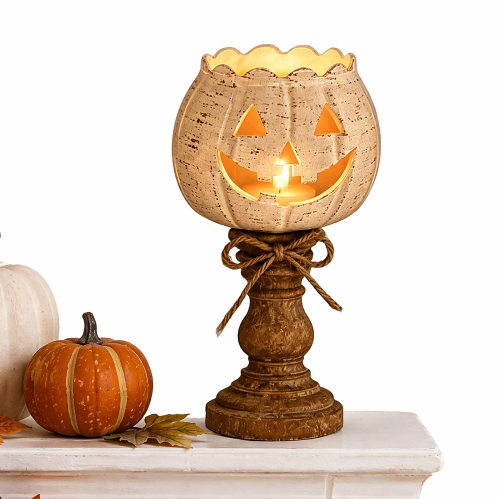 White Pumpkin Tealight Candle Holder, Halloween Jack-o'-Lantern Stand