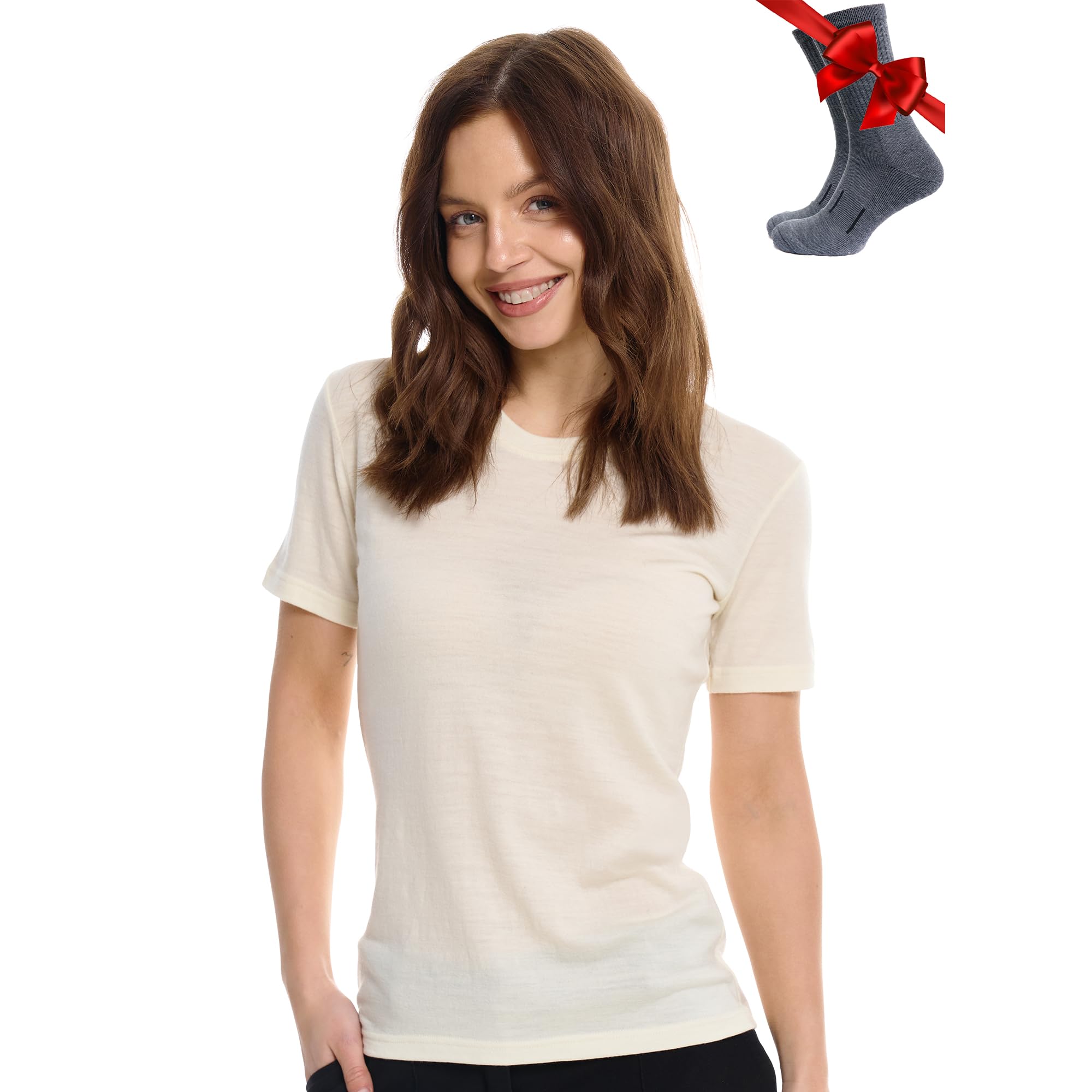 Merino.tech 100% Merino Shirt Damen Wandern & Alltag + Wandersocken (Large, Creamy White)