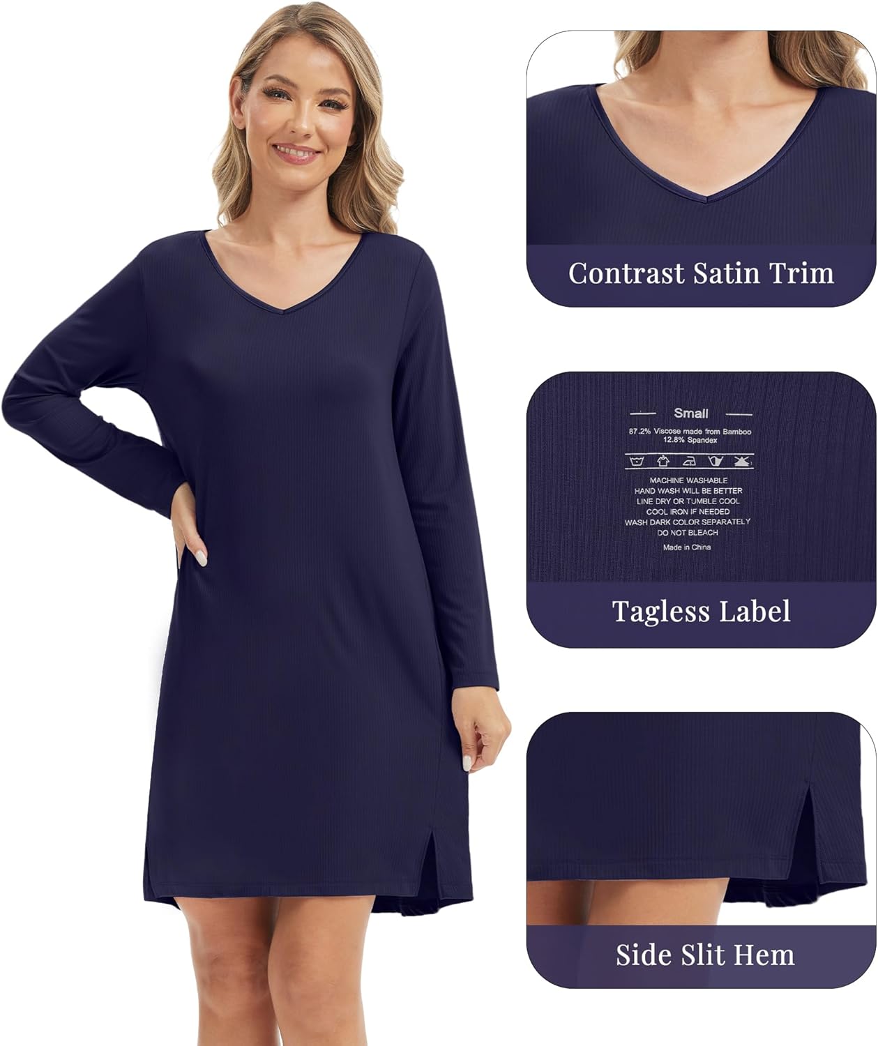 WiWi Women's Nightgown Soft Ribbed Long Sleeve Nightshirt Bamboo Viscose V-Neck Sleepwear Casual Sleep Shirt S-XXL - Image 4